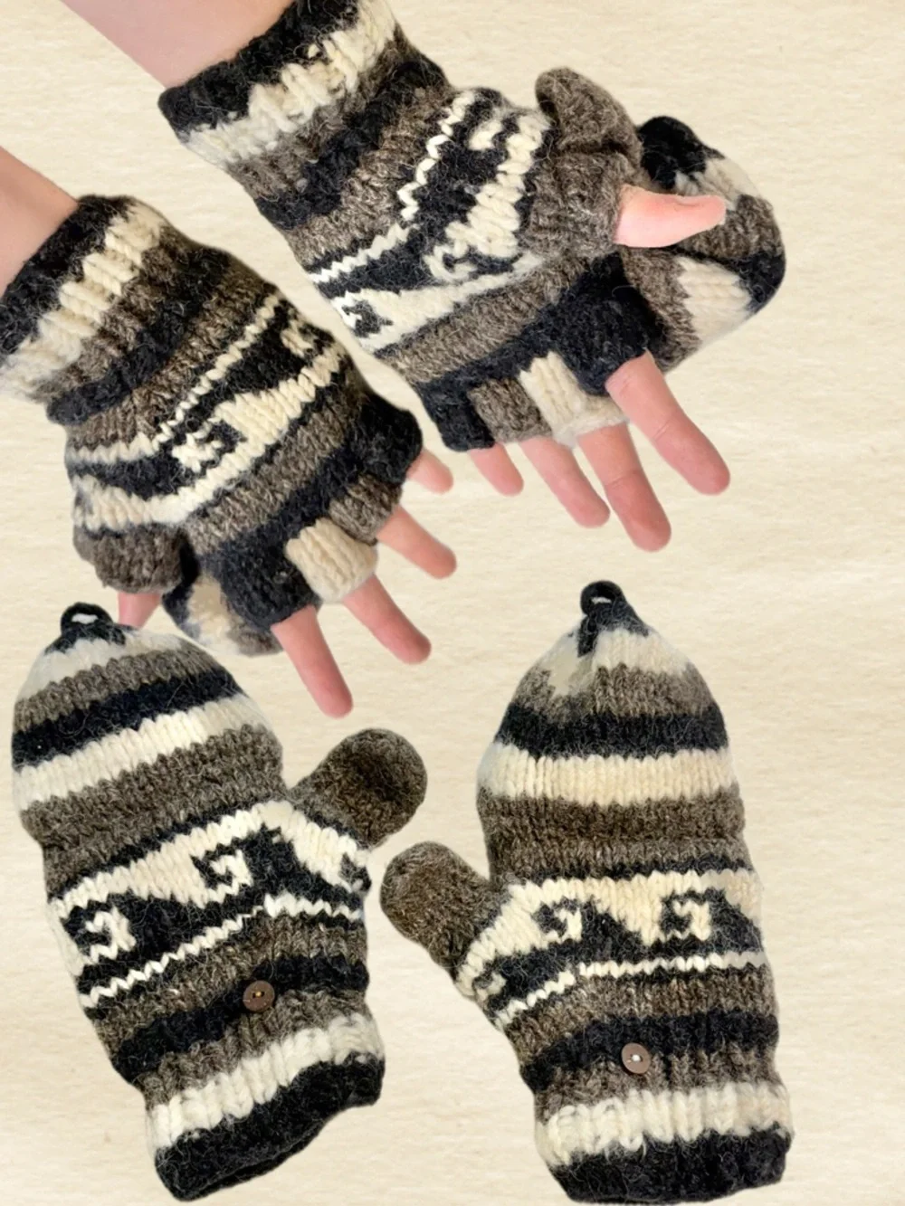 Wool Himalayan Nordic mittens fingerless gloves convertible glomitts flap button